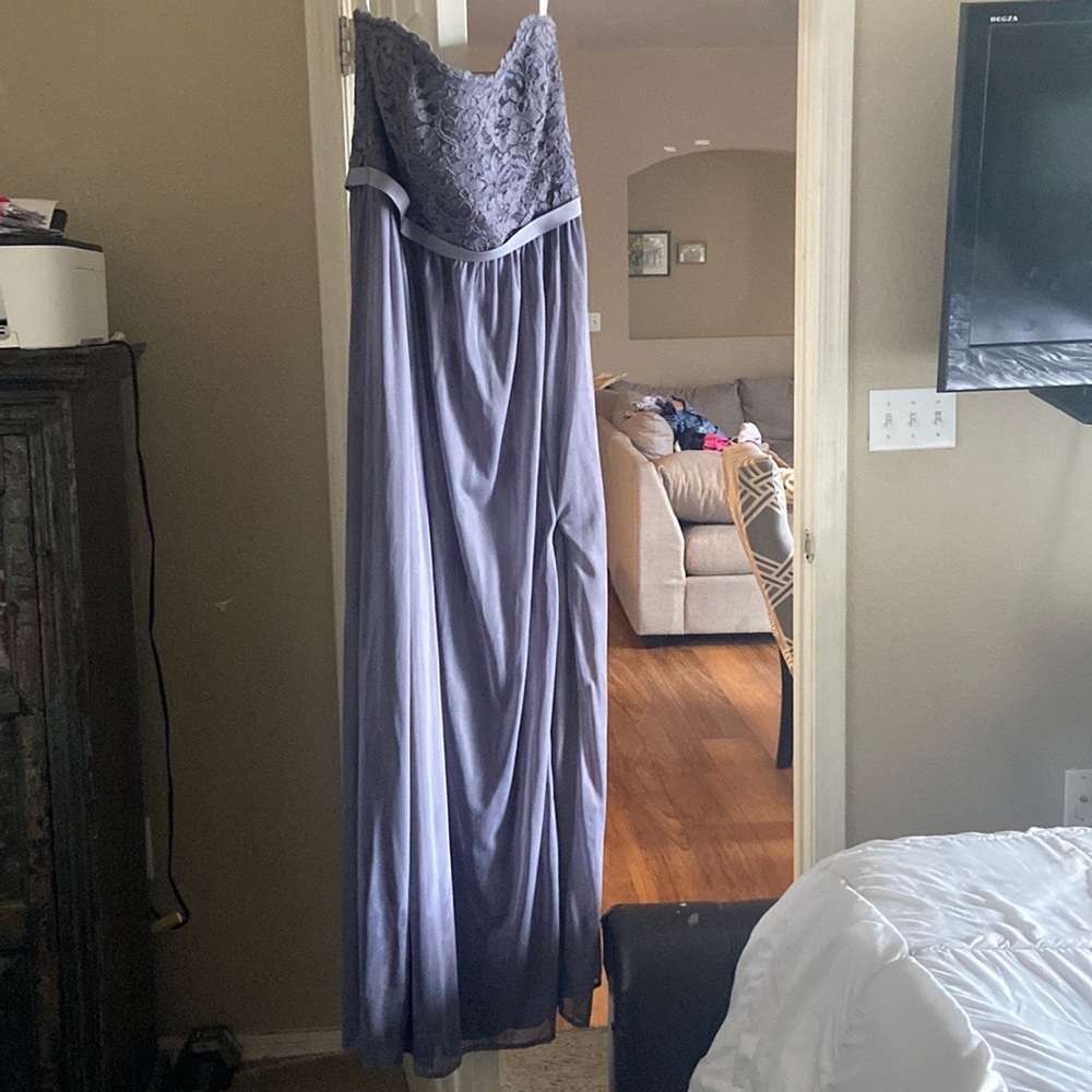 David’s bridal chiffon strapless bridesmaid dress.